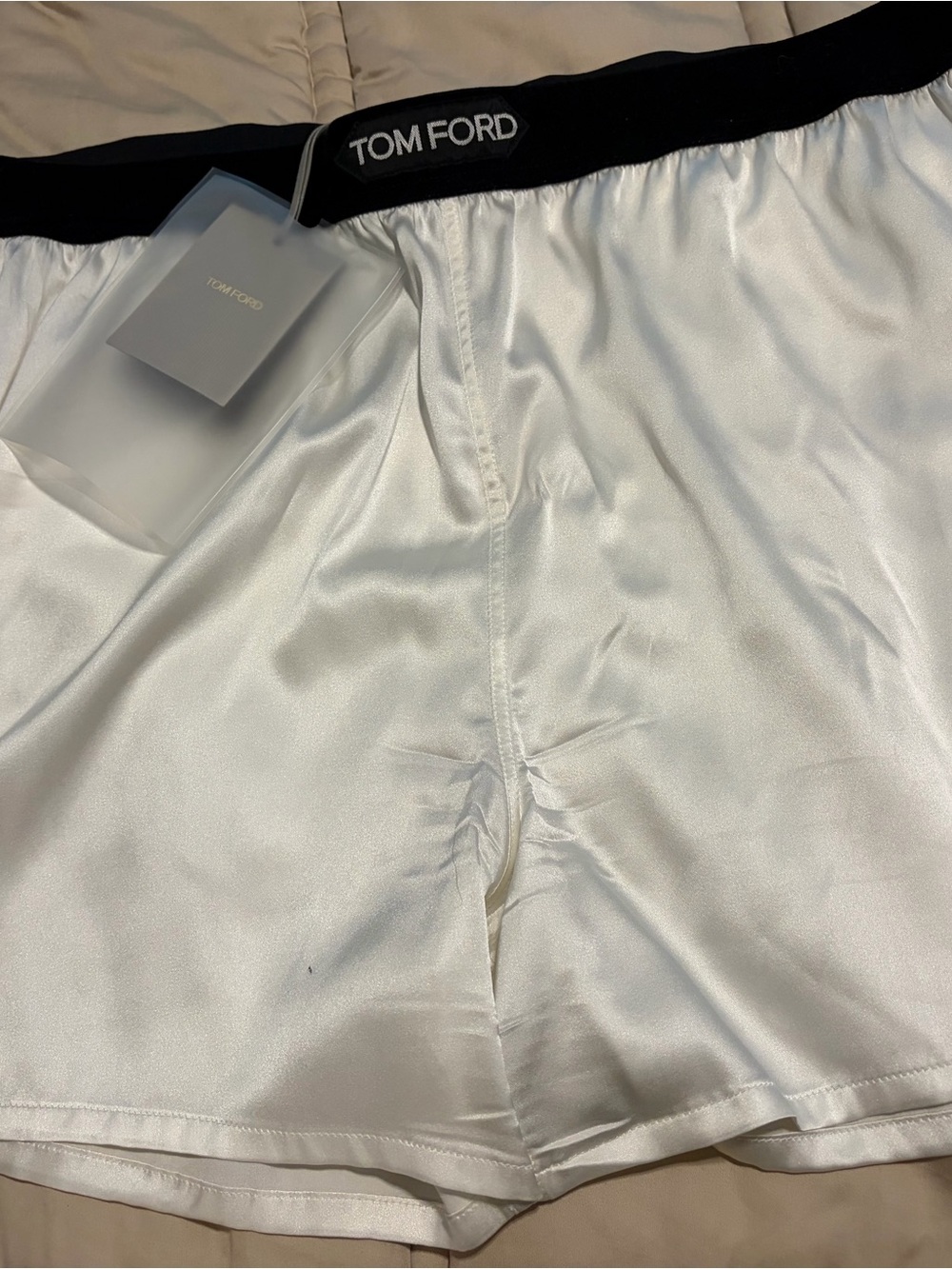 Tom Ford White Satin Boxers with Black Waistband